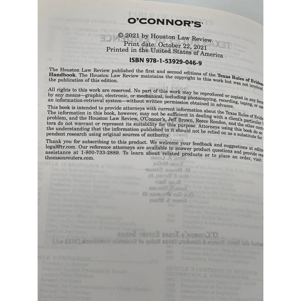 Texas‎ Rules of Evidence Handbook 2022 Edition Paperback OConnor Law Book